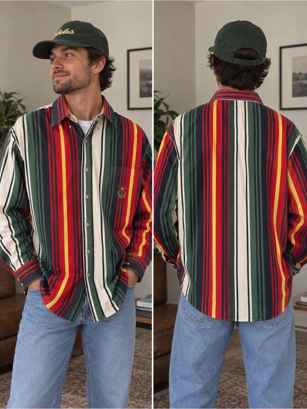 Vintage Preppy Striped Ivy Crew Button Down Shirt Size M